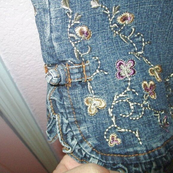 VTG Shyger EMBROIDERED Flare Size 12 33 JEANS Crop RHINESTONES Ruffle Hems BOHO - Picture 6 of 12